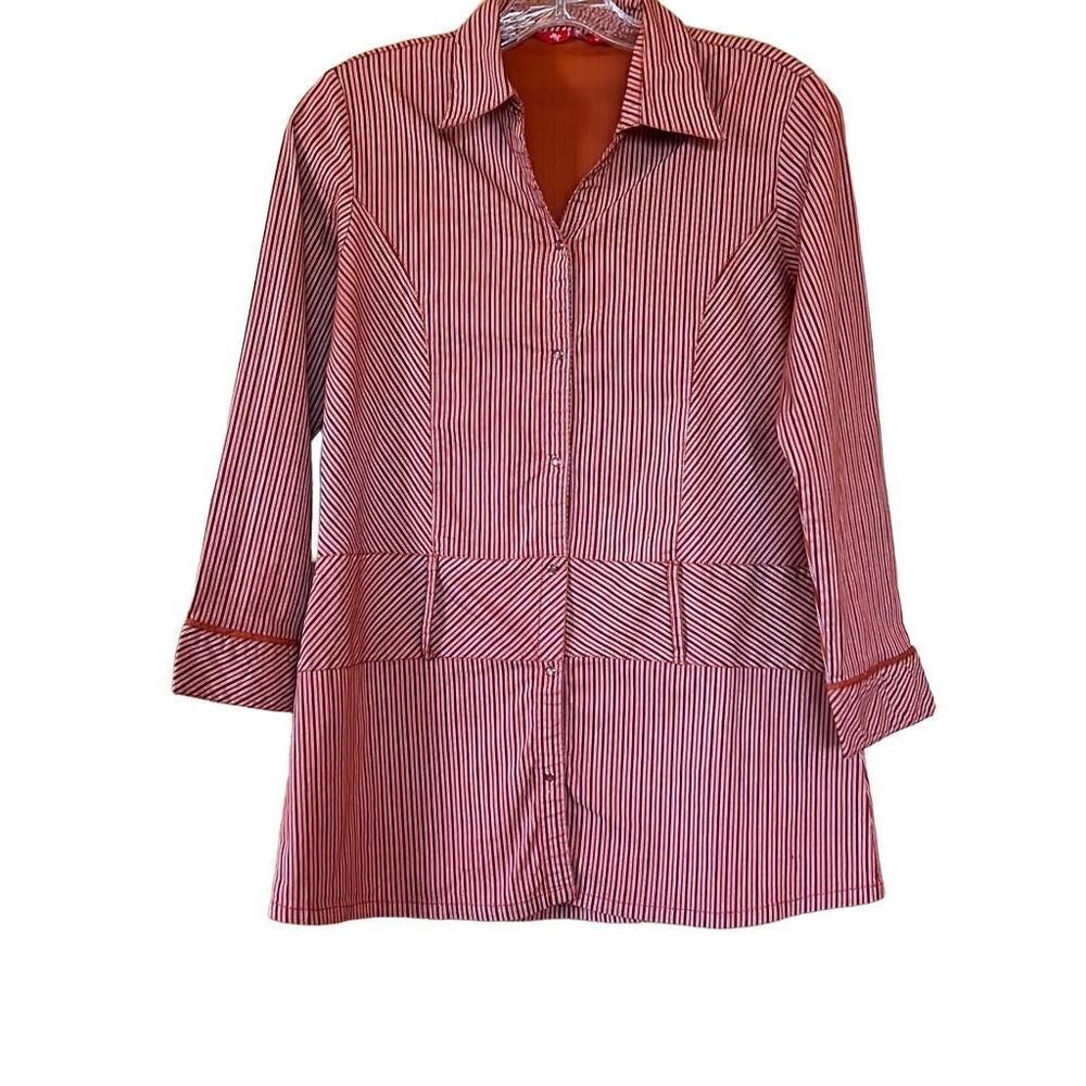 Juliet Striped Vintage Retro Johnny Collar 3/4 Sleeve Button Down
